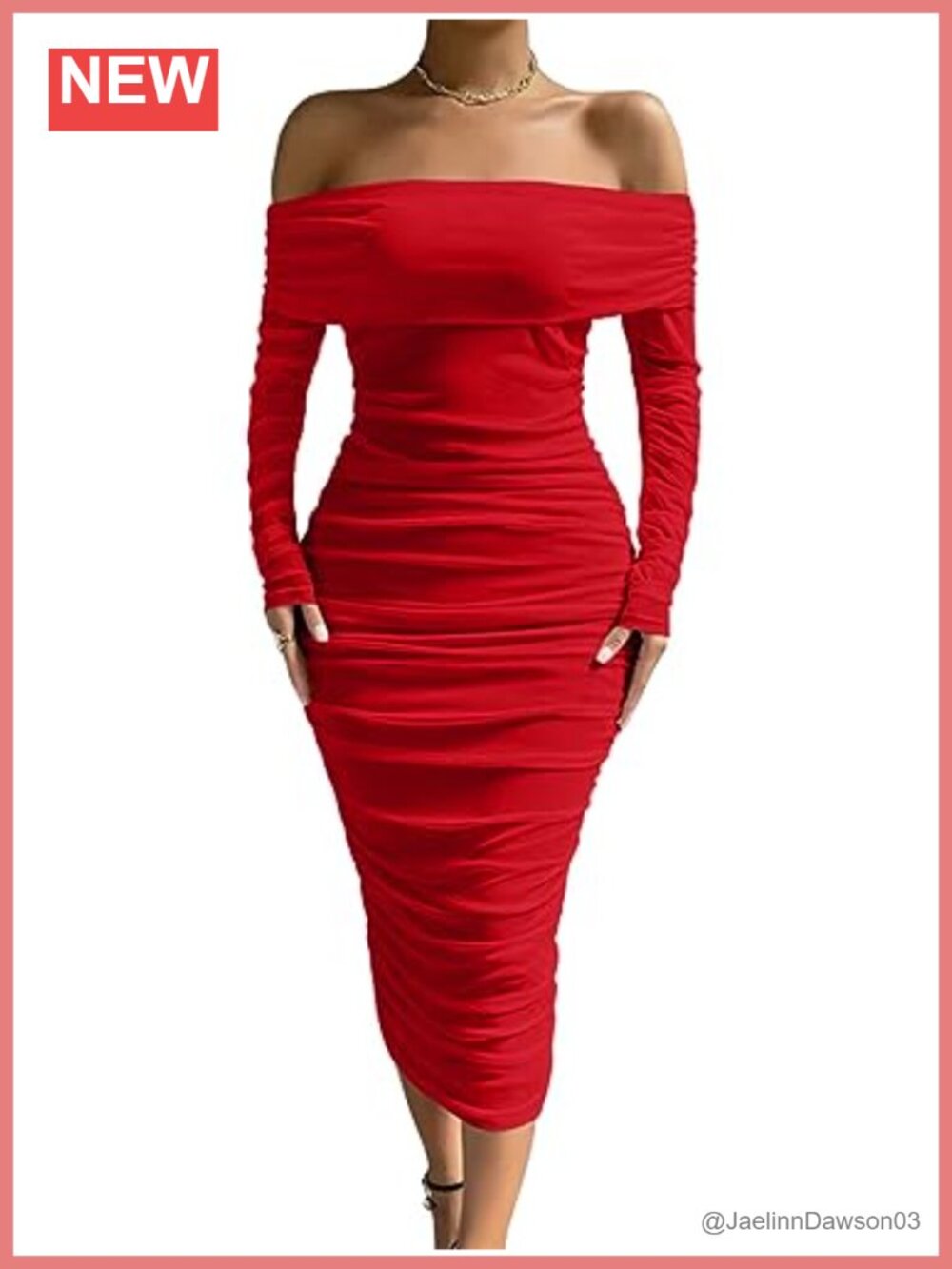 Women Off Shoulder Long Sleeve Bodycon Midi Dress Mesh Ruched Double Layer Party